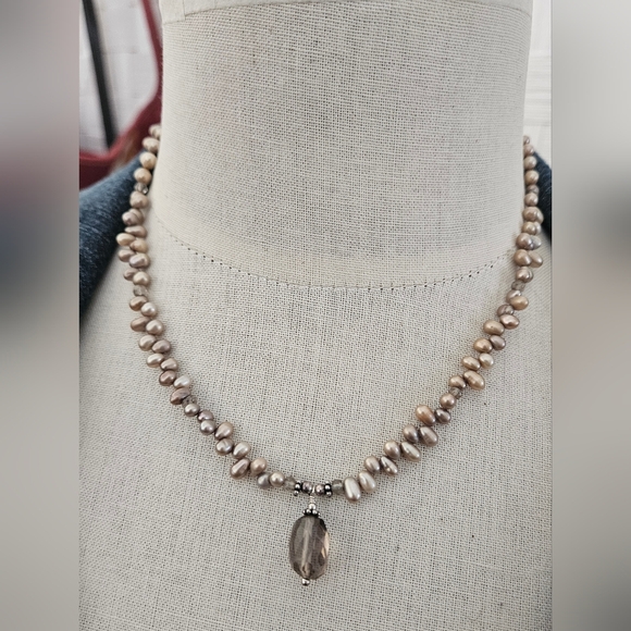 Jewelry - Sterling Silver 925 Freshwater Pearl Necklace w/ Smoky Quartz Pendant